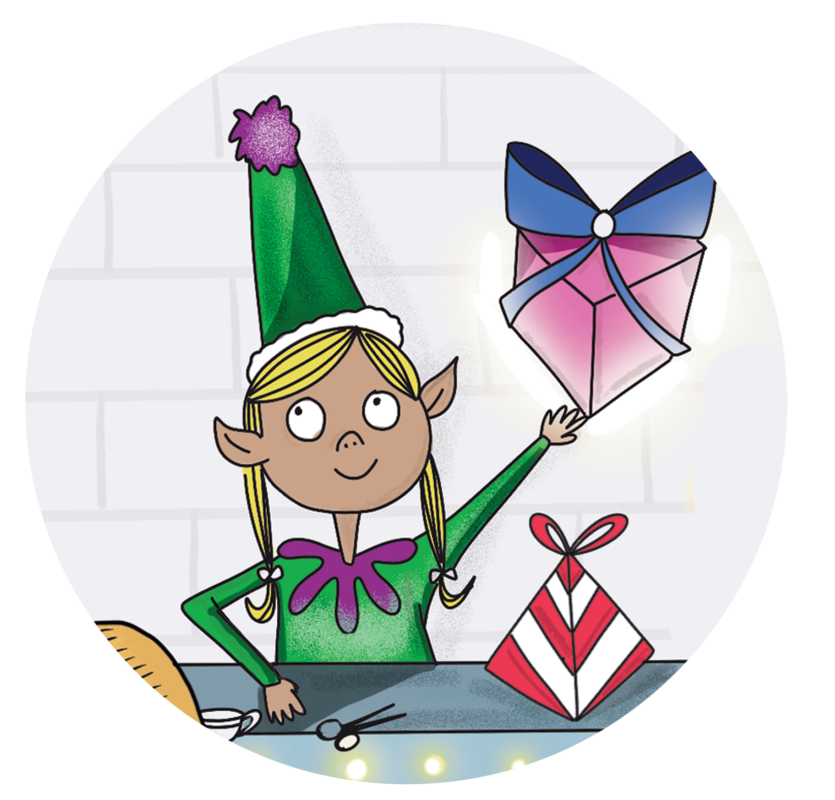 Fae the Elf standing at the Christmas present production line with a present held aloft
