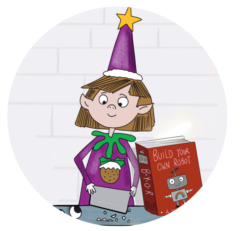 Twinkle the Elf standing at the Christmas present production line with the book 'Build Your Own Robot' and getting ideas