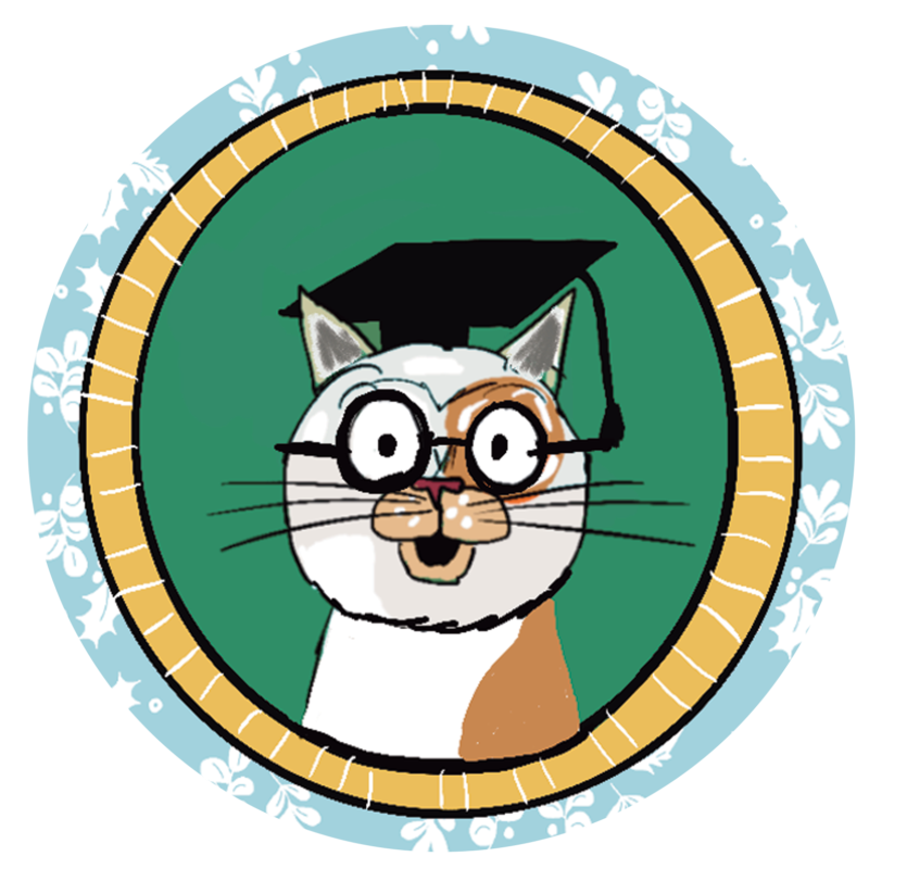 A oval circular picture hanging on the wall of Basil the Cat wearing a mortar board on his head.