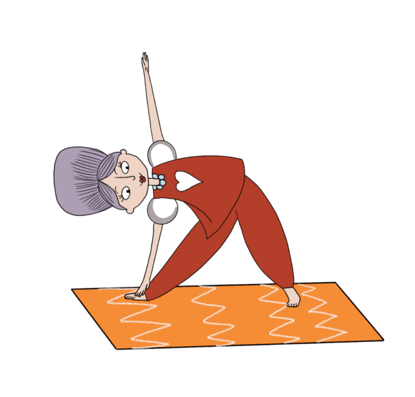 Mrs Claus doing yoga on her orange yoga mat