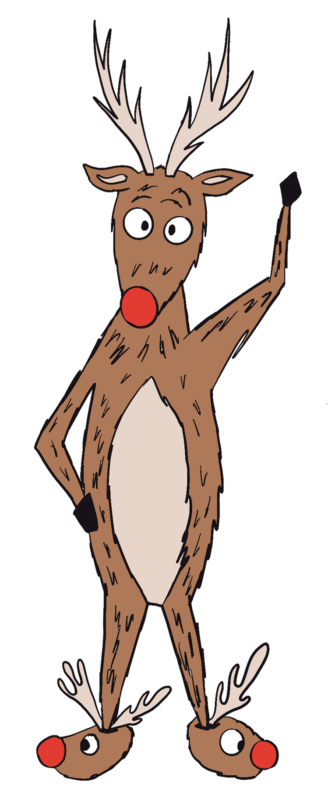 Rudolph standing on hind legs wearing Rudolph slippers