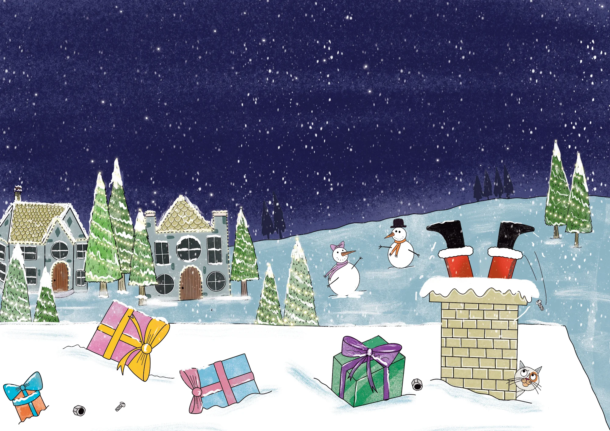Front Cover image of the Book. Snowy scene looking over the roof tops in the night sky with Santa disappearing down a chimney.