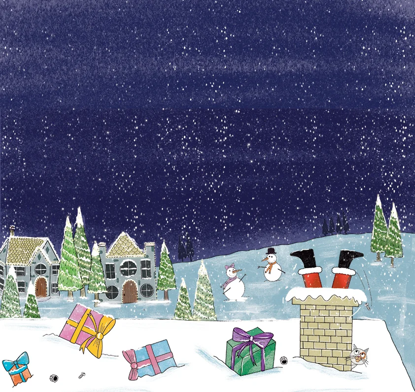 Front Cover image of the Book. Snowy scene looking over the roof tops in the night sky with Santa disappearing down a chimney.